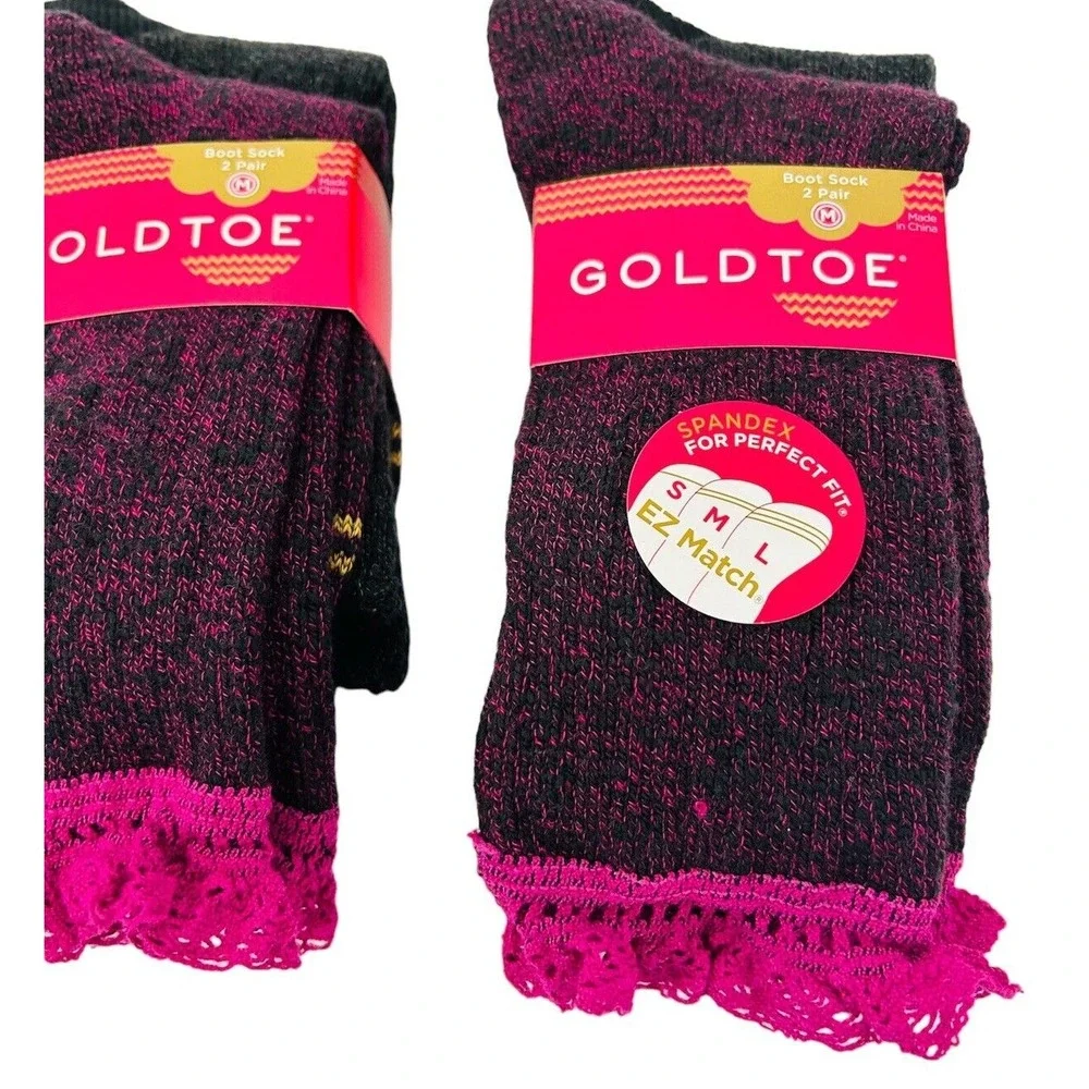 Nwt Gold Toe Girls Dress‎ Socks Size M 9-1.5 Kids Boot Crochet Lace 2 Pack